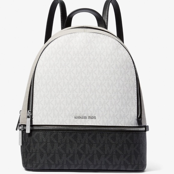 Michael Kors Rhea Medium Color-Block Signature Logo Backpack Optic White Multi - Picture 1 of 8
